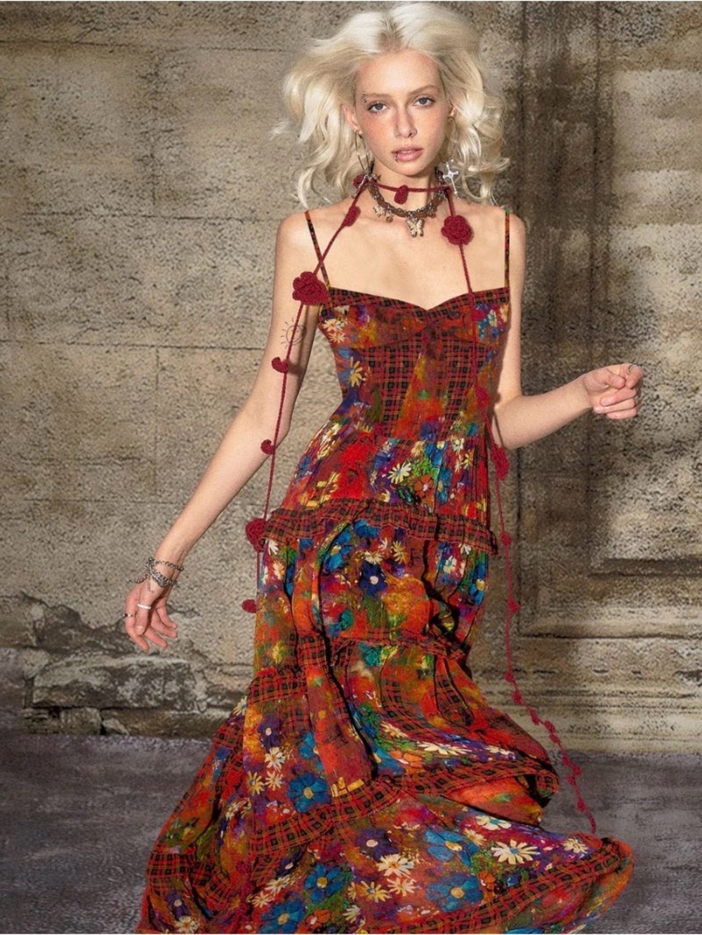 Floral Plaid Red Boho Maxi Dress with Spaghetti Straps nwt - Picture 10 of 10